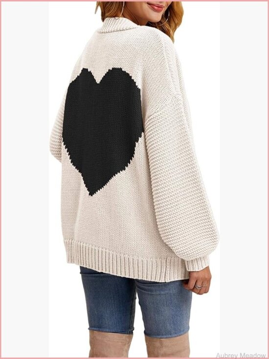 Sweaters - Oversized Love Heart Print Open Front Cardigan Sweater Casual Boho Loose